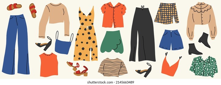 Large collection of trendy casual and formal outfits. Hipster clothing or trendsetter. Flat cartoon colorful vector illustration.