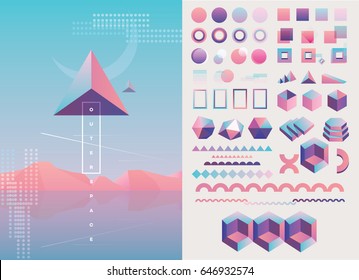 Large collection of trendy holographic, geometric, colorful abstract shapes and decorative lines in pink, purple and blue color hues