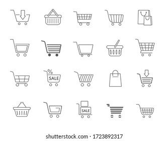 Large collection of twenty different line drawn shopping icons in black and white with trolleys, carts, bags and a sale sign on merchandise, vector illustration