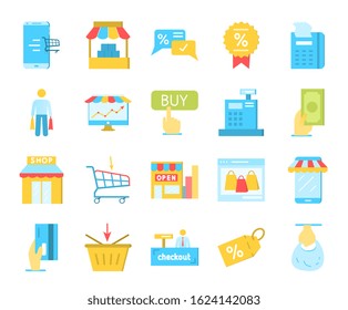 Large collection of twenty shopping icons depicting stores, shops, merchandise, sales tags, payment, and transactions on white for design elements, vector illustration