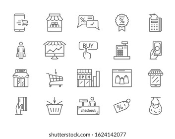 Large collection of twenty simple shopping icons depicting stores, shops, merchandise, sales tags, payment, and transactions on white for design elements, vector illustration