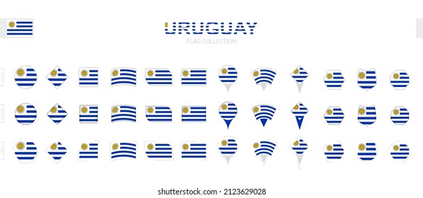 Large collection of Uruguay flags of various shapes and effects. Big set of vector flag.