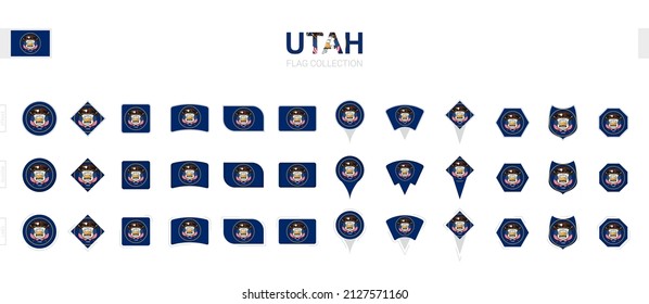 Large collection of Utah flags of various shapes and effects. Big set of vector flag.