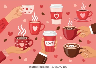 Large collection of Valentine's Day coffee and hot chocolate drinks with hands holding cups.