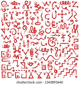 A large collection of various arrows, direction or motion indicators, cursors drawn with a black brush. Isolated on white background. Vector illustration.