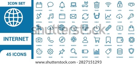 A large collection of various black and white line art icons related to the internet, communication, and technology, arranged in a grid format.