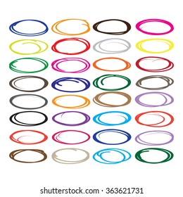 Large collection of various color oval, highlight circle, red pen drawn marks, blue circle shape set.