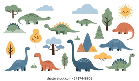 Large collection of various cute dinosaur species with trees, mountains, clouds, and sun for children nursery illustration design.