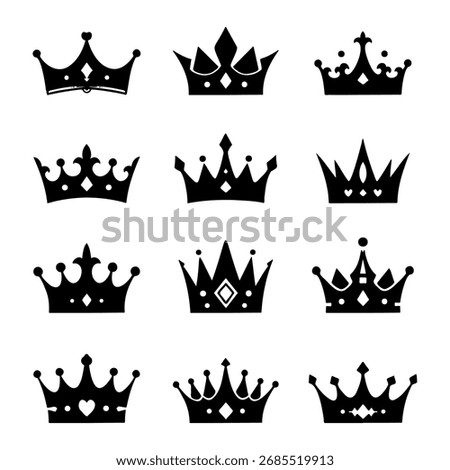 Large collection of various elegant black crown silhouettes, set of royal and regal symbols.