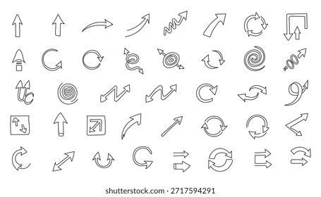 Uma grande coleção de vários ícones de seta desenhados à mão em um estilo de esboço, apresentando diferentes formas como curvas, retas, circulares e direções em espiral, perfeitas para elementos de design.