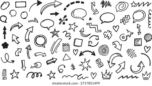 Eine große Sammlung von verschiedenen handgezeichneten Doodle-Elementen, darunter Pfeile, Sprechblasen, Sterne, Herzen und andere abstrakte Formen, alle in schwarzer Kontur auf weißem Hintergrund.