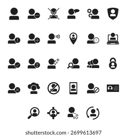 Grande colección de varios perfiles de usuario e iconos de vectores sólidos de interacción.