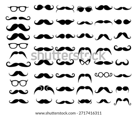 Large collection of Vector black silhouette mustaches and glasses. Large collection of glasses illustration showing eyewear silhouette vector
