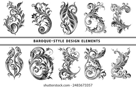 Large collection of vector design elements in Baroque style, featuring botanical elements with scrolls, for pattern designs, textiles, paper, and backgrounds.