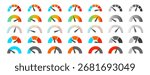 Large collection of vector gauge and speedometer icons for performance measurement. Set with various flat design styles like colorful gradients and monochrome dials