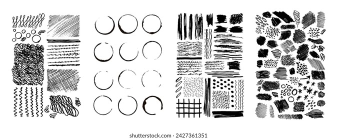 Large collection of vector grunge elements. Hand drawn cross-hatching, scribbles, doodles, lines, smudges, circles, blots, stamps, splatters, brush marks, brush strokes and ink strokes.	