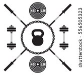 A large collection of vector gym icons on a white background. Symbols include barbells, dumbbells, chains and a kettlebell.