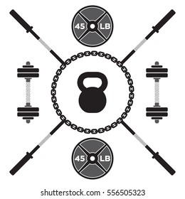 A large collection of vector gym icons on a white background. Symbols include barbells, dumbbells, chains and a kettlebell.