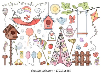 Large collection of vector hand drawn summer theme illustrations. Cute cartoon set of summertime elements which bring joy and happiness. For card, background, print, poster, advertising, fabric.