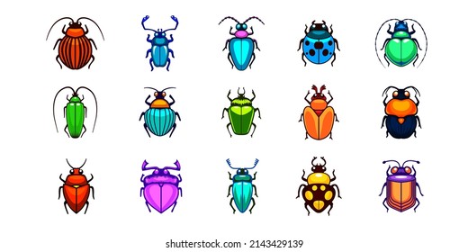 Una gran colección de iconos vectoriales de escarabajos de diferentes colores y formas. Conjunto de ilustraciones de insectos de dibujos animados