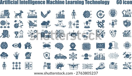 A large collection of vector icons illustrating various concepts related to artificial intelligence, machine learning, robotics, and cutting-edge technology applications.