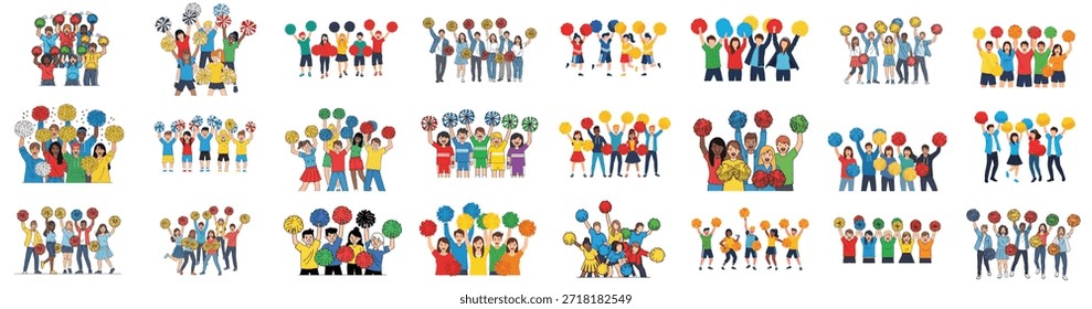 Uma grande coleção de ilustrações vetoriais mostrando diversos grupos de fãs e estudantes animados segurando pom-poms coloridos, celebrando o trabalho em equipe e a vitória.
