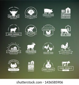 A large collection of vector logos for farmers, grocery stores and other industries. Isolated on green background and executed in a flat style.