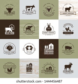 A large collection of vector logos for farmers, grocery stores and other industries. Isolated on old paper background and executed in a flat style.