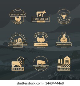 A large collection of vector logos for farmers, grocery stores and other industries. Isolated on a vector background drawn farm with fields, plants, and mountains.