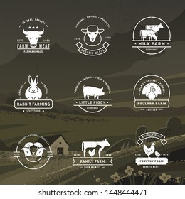 A large collection of vector logos for farmers, grocery stores and other industries. Isolated on a vector background drawn farm with fields, plants, and mountains.