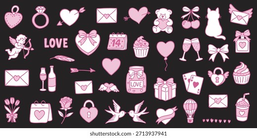 Grande coleção de adesivos e ícones cor-de-rosa vetorial sobre o tema do amor e romance: corações, presentes, cupido, anel, envelopes, ursinho de pelúcia. Perfeito para o design e decoração do Dia dos Namorados.