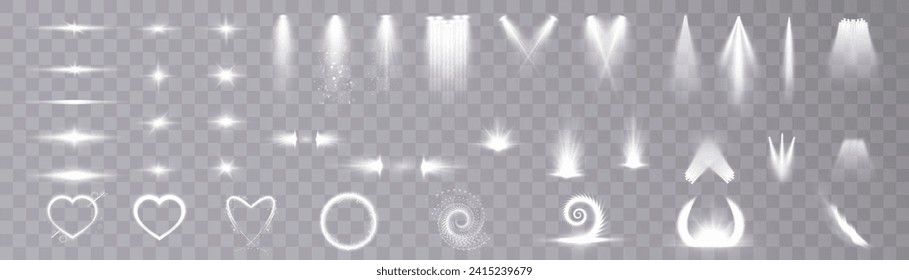 Large collection of vector spotlights, hearts, stars, light curls of horizontal light lines.