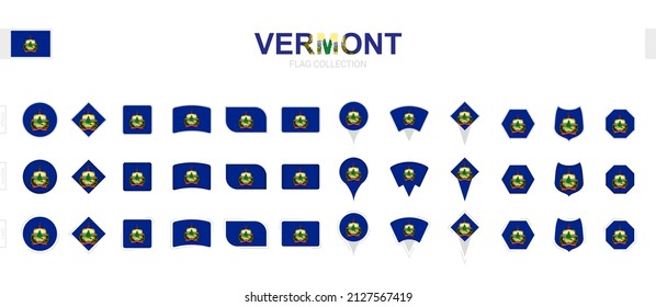 Large collection of Vermont flags of various shapes and effects. Big set of vector flag.