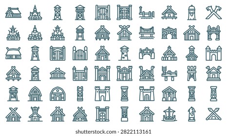 Large collection of Viking and Norse architecture line icons including longhouses, watchtowers, wooden gates, bridges, stave churches, longships, and medieval fortification elements on white.