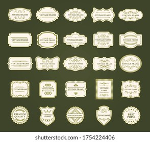 Large collection of vintage frames of assorted classic shapes for labels with room for text on green, colored vector illustration