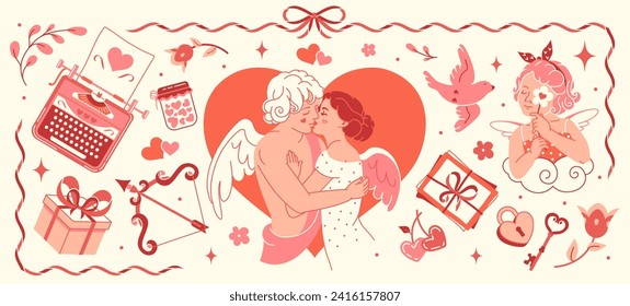 Large collection of vintage Valentine's Day clip art. Retro vector isolated stickers: tender angels - lovers, funny cupid, heart, typewriter, love letter, bows and flowers. Old romantic aesthetic