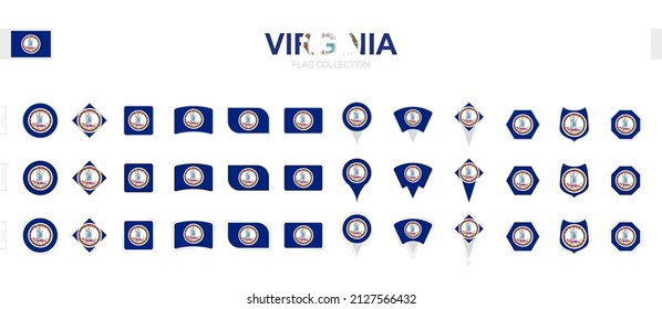 Large collection of Virginia flags of various shapes and effects. Big set of vector flag.