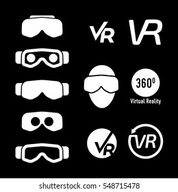 A large collection of Virtual Reality marks and icons in vector format. There is a person wearing a headset, many goggles and monograms in this set all related to 360 content.