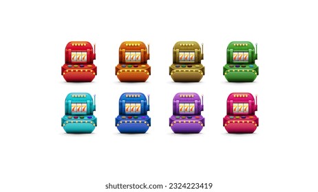 Large collection of volumetric slot machines with jackpots in cartoon style isolated on white background for your arts