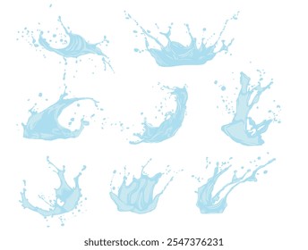 Grande coleção de ícones de abertura de água com respingos de cor azul na superfície. Ícones vetoriais de gota fluente, onda, splash, splash da natureza isolado no fundo branco. Líquido escorrendo. Espiral de água