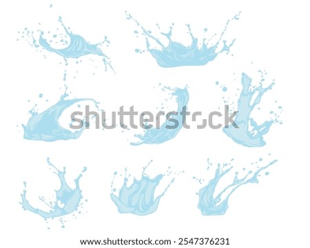Large collection of water splash icons with splashes of blue color on the surface. Vector icons of flowing drop, wave, splash, splash of nature isolated on white background. Dripping liquid. Water spi
