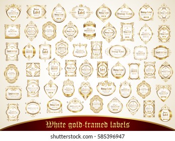 Large collection of white gold-framed labels in vintage style