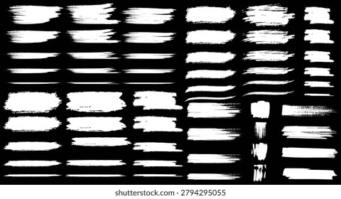  Large collection of white grunge brush strokes and paint marks isolated on black background,
 Distressed brush stroke set featuring dry paint textures and artistic grunge elements,
 Abstract paintbrush mark bundle with rough ink strokes and textured brush effects