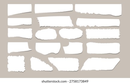 A large collection of white torn paper pieces with rough edges and different rectangular shapes for creative scrapbooking, collage, and realistic advertising