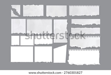 Large collection of white torn paper scraps ripped notebook pages and lined paper pieces for creative collage design and scrapbooking