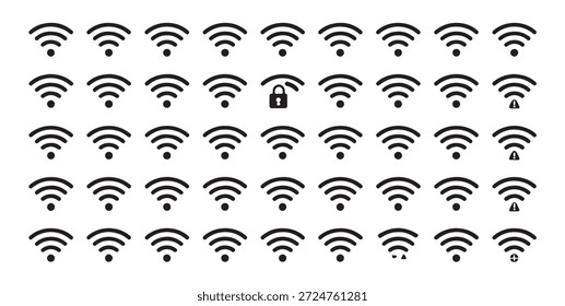 Grande colección de los iconos de Internet inalámbrico señal de los símbolos de la fuerza e indicadores de seguridad sobre fondo blanco