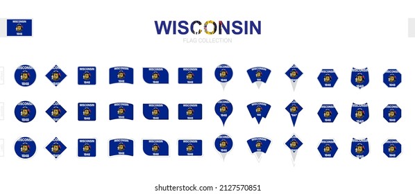 Gran colección de banderas de Wisconsin de varias formas y efectos. Gran conjunto de indicadores vectoriales.