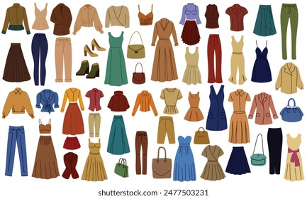 Large collection of women's clothes in flat style isolated. Hand drawn vector art.