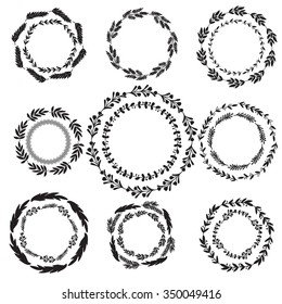 Large collection of wreaths. Wreaths from different branches with berries, deciduous and coniferous. Background white, made in the doodle.
