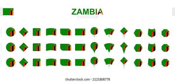 Large collection of Zambia flags of various shapes and effects. Big set of vector flag.